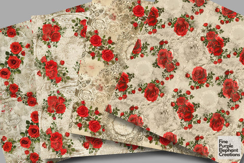 Vintage Red Rose Lace Digital Paper | Delicate Romantic Sublimation Digital Pattern Fine Purple Elephant Creations 