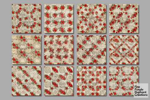 Vintage Red Rose Lace Digital Paper | Delicate Romantic Sublimation Digital Pattern Fine Purple Elephant Creations 