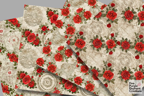 Vintage Red Rose Lace Digital Paper | Delicate Romantic Sublimation Digital Pattern Fine Purple Elephant Creations 