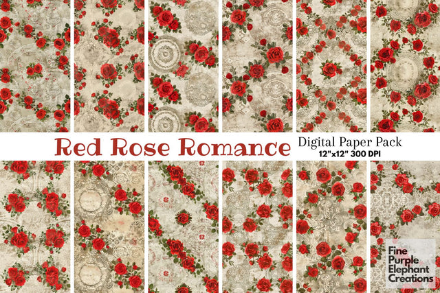 Vintage Red Rose Lace Digital Paper | Delicate Romantic Sublimation Digital Pattern Fine Purple Elephant Creations 