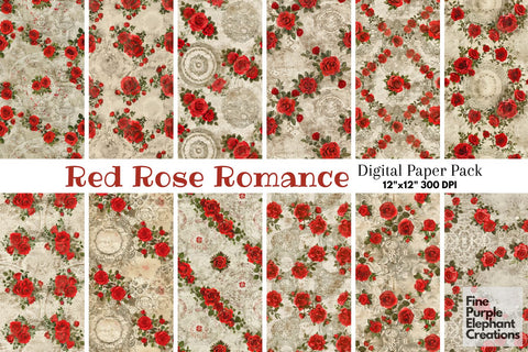 Vintage Red Rose Lace Digital Paper | Delicate Romantic Sublimation Digital Pattern Fine Purple Elephant Creations 