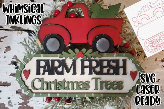 Vintage Red Truck Christmas Tree Sign Laser Ready SVG SVG Whimsical Inklings 
