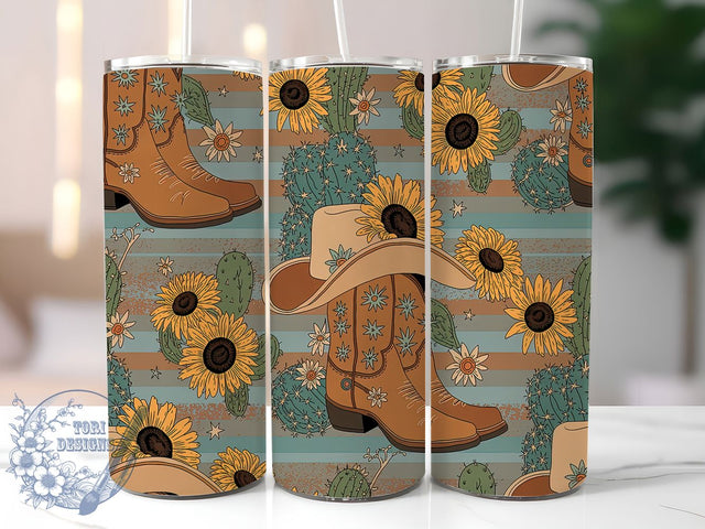 Vintage Retro Cowgirl Tumbler, Rustic Leather Boots Tumbler, Cowboy Hats 20oz Wrap, Sublimation Design, Stylish Gift Idea, Western Cactus Wrap, Retro Cowgirl Tumbler Sublimation ToriDesigns 
