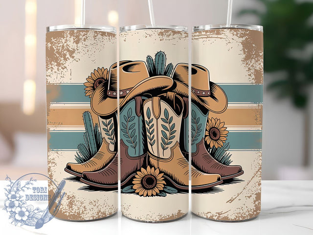 Vintage Retro Cowgirl Tumbler, Rustic Leather Boots Tumbler, Cowboy Hats 20oz Wrap, Sublimation Design, Stylish Gift Idea, Western Cactus Wrap, Retro Cowgirl Tumbler Sublimation ToriDesigns 