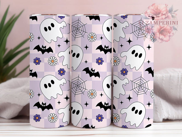 Vintage Retro Cute Halloween Ghost Tumbler, Retro Cute Ghost Cup Wrap, 20Oz Sublimation Design, Checkered Ghost Drinkware, Spooky Retro Coffee Cup, Halloween Vintage Tumbler, Cute Ghost Mug Sublimation Li Zamperini 