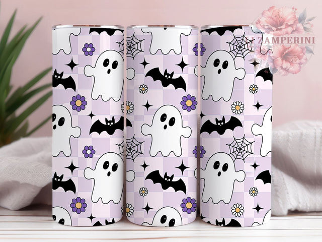 Vintage Retro Cute Halloween Ghost Tumbler, Retro Cute Ghost Cup Wrap, 20Oz Sublimation Design, Checkered Ghost Drinkware, Spooky Retro Coffee Cup, Halloween Vintage Tumbler, Cute Ghost Mug Sublimation Li Zamperini 