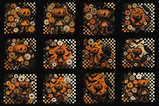 Vintage Retro Halloween PNG Bundle, Spooky Pumpkinhead Floral Sublimation Design, Distressed Fall Checkerboard PNG T-Shirt Design Download SVG DesignDestine 