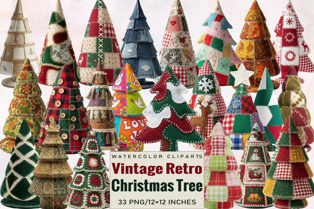 Vintage Retro Patchwork Christmas Tree Clipart Bundle. Sublimation SVGArt 