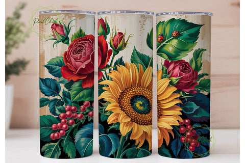 Vintage Rose Sunflower 20oz Tumbler Wrap Sublimation PixelChick 