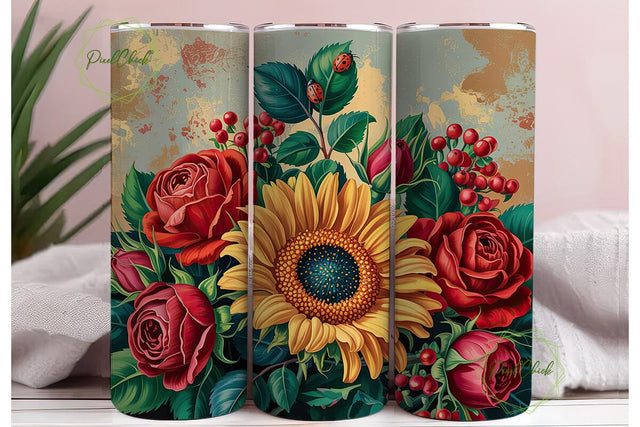 Vintage Rose Sunflower 20oz Tumbler Wrap Sublimation PixelChick 