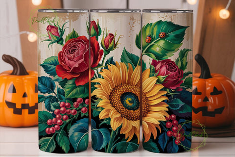 Vintage Rose Sunflower 20oz Tumbler Wrap Sublimation PixelChick 