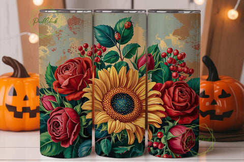 Vintage Rose Sunflower 20oz Tumbler Wrap Sublimation PixelChick 