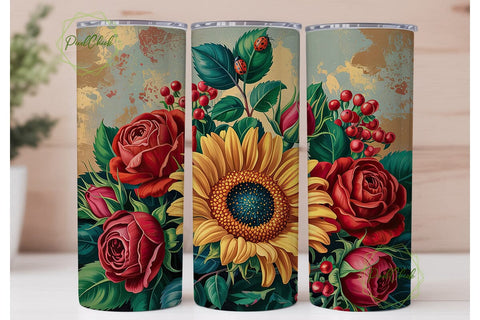 Vintage Rose Sunflower 20oz Tumbler Wrap Sublimation PixelChick 