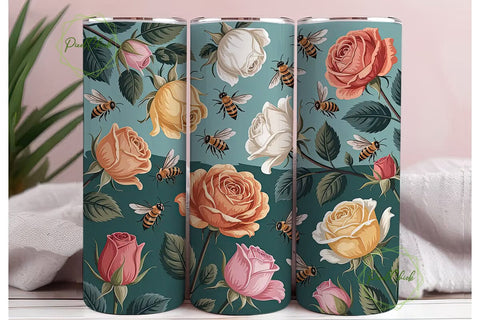 Vintage Roses & Bees Tumbler Wrap Sublimation PixelChick 