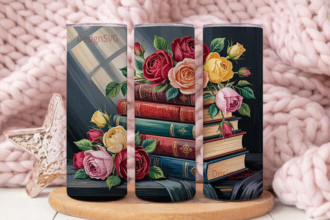 Vintage Roses & Books Tumbler Wrap Sublimation DesignSVG 
