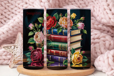 Vintage Roses & Books Tumbler Wrap Sublimation DesignSVG 