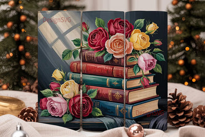 Vintage Roses & Books Tumbler Wrap Sublimation DesignSVG 