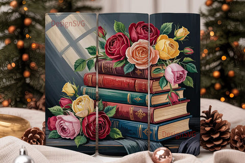 Vintage Roses & Books Tumbler Wrap Sublimation DesignSVG 