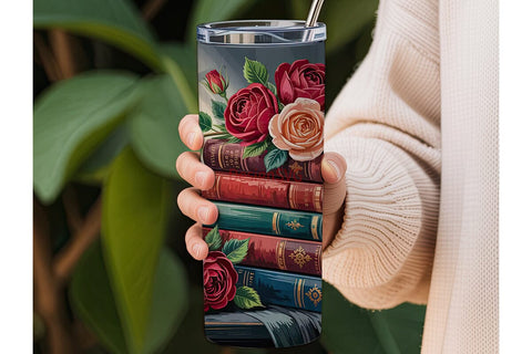 Vintage Roses & Books Tumbler Wrap Sublimation DesignSVG 