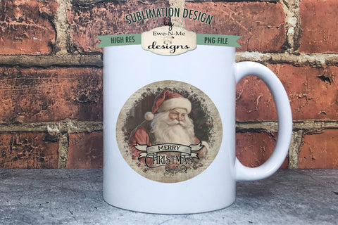 Vintage Santa Christmas Round Sublimation Design Rustic PNG Sublimation Ewe-N-Me Designs 