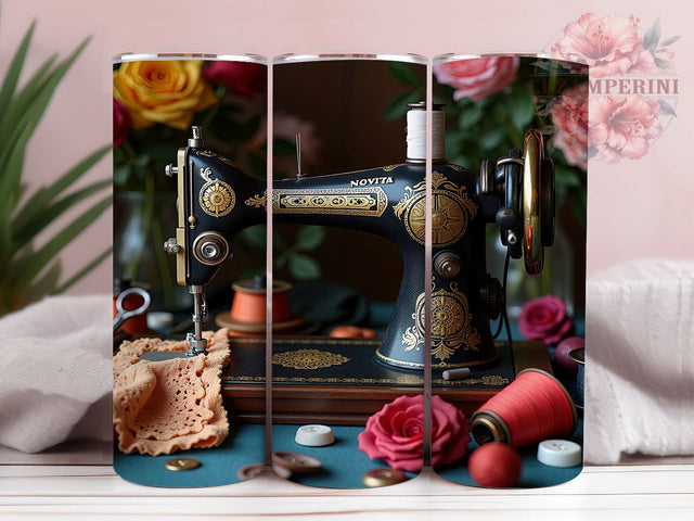 Vintage Sewing 20oz Craft Tumbler, Sewing Machine Wrap, 20oz Sublimation, Crafting Drinkware, Custom Sewing Mug, Quilter Gift, Personalized Sewing Cup Sublimation Li Zamperini 