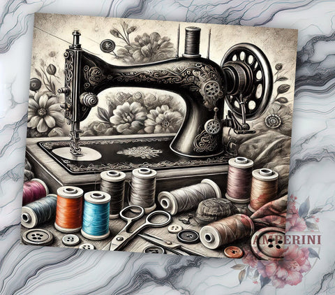 Vintage Sewing 20oz Craft Tumbler, Sewing Machine Wrap, 20oz Sublimation, Crafting Drinkware, Custom Sewing Mug, Quilter Gift, Personalized Sewing Cup Sublimation Li Zamperini 