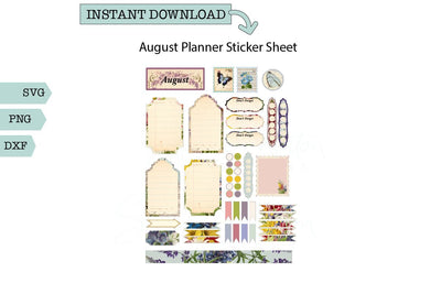 Vintage Shabby Chic Planner stickers for August SVG Sharia Morton Designs 