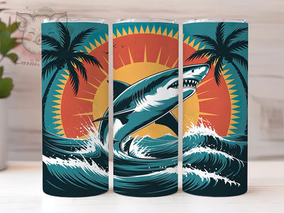 Vintage Shark Sunset 20oz Tumbler, Sunset Retro Beach Theme, Ocean Graphic Illustration, Coastal Lifestyle Vibes, Bold Retro Style, Sublimation Tumbler Wrap, 20oz Tumbler Sublimation Lara' s Designs 