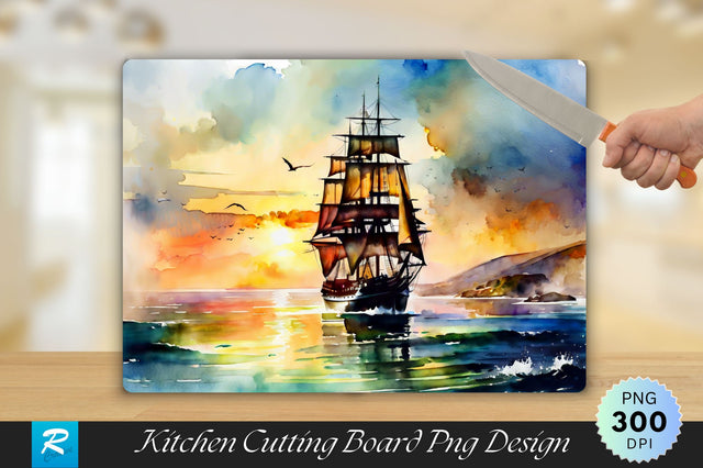 Vintage Ship Watercolor Painting Cutting Board PNG Sublimation Regulrcrative 