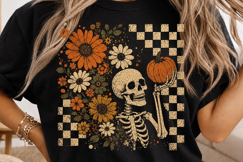 Vintage Skeleton Pumpkin Floral Halloween SVG DesignDestine 