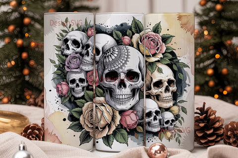 Vintage Skull & Roses 20oz Tumbler Wrap Sublimation DesignSVG 