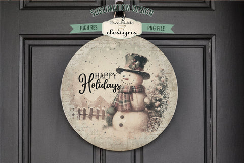 Vintage Snowman Holiday Round Sublimation Design Rustic PNG Sublimation Ewe-N-Me Designs 