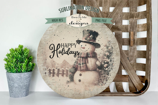 Vintage Snowman Holiday Round Sublimation Design Rustic PNG Sublimation Ewe-N-Me Designs 