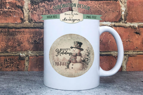 Vintage Snowman Holiday Round Sublimation Design Rustic PNG Sublimation Ewe-N-Me Designs 