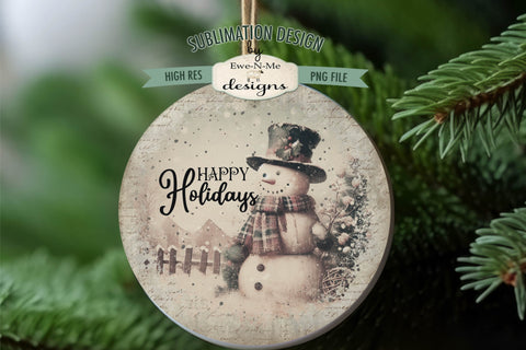 Vintage Snowman Holiday Round Sublimation Design Rustic PNG Sublimation Ewe-N-Me Designs 