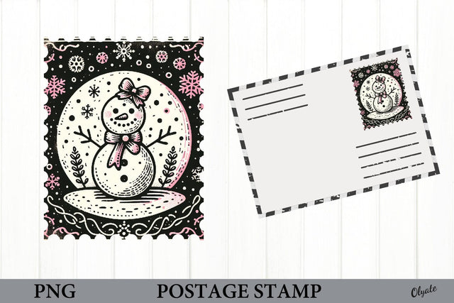 Vintage Snowman Postage Stamp PNG. Sublimation Olga Terlyanskaya 