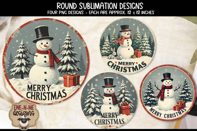 Vintage Snowman Round Sublimation Designs | Four Round PNG Files Sublimation Ewe-N-Me Designs 