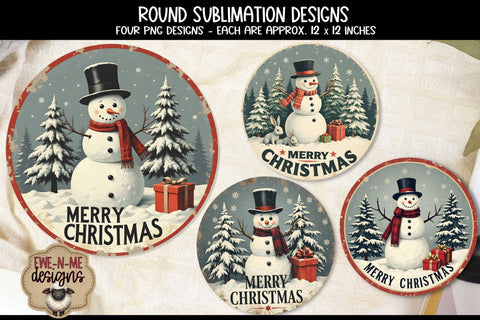 Vintage Snowman Round Sublimation Designs | Four Round PNG Files Sublimation Ewe-N-Me Designs 
