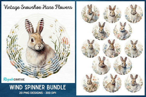 Vintage Snowshoe Hare Flowers Wind Spinner Bundle Sublimation Regulrcrative 