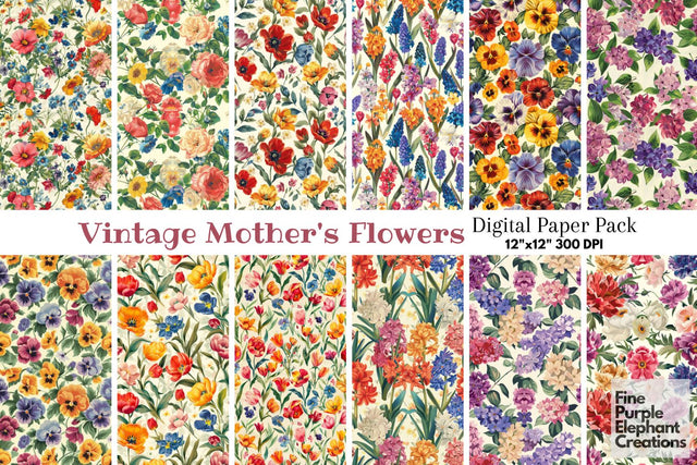 Vintage Spring Florals Pattern | Boho Shabby Chic Digital Pattern Fine Purple Elephant Creations 