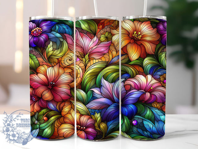Vintage Stained Glass Floral Tumbler, Artistic Flower Tumbler, Colorful Glass Wrap, Whimsical Floral Wrap, Vintage Stained Glass Wrap, Sublimation Design, Trendy Gift Idea Sublimation ToriDesigns 