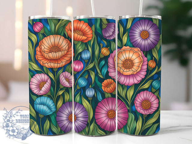 Vintage Stained Glass Floral Tumbler, Artistic Flower Tumbler, Colorful Glass Wrap, Whimsical Floral Wrap, Vintage Stained Glass Wrap, Sublimation Design, Trendy Gift Idea Sublimation ToriDesigns 