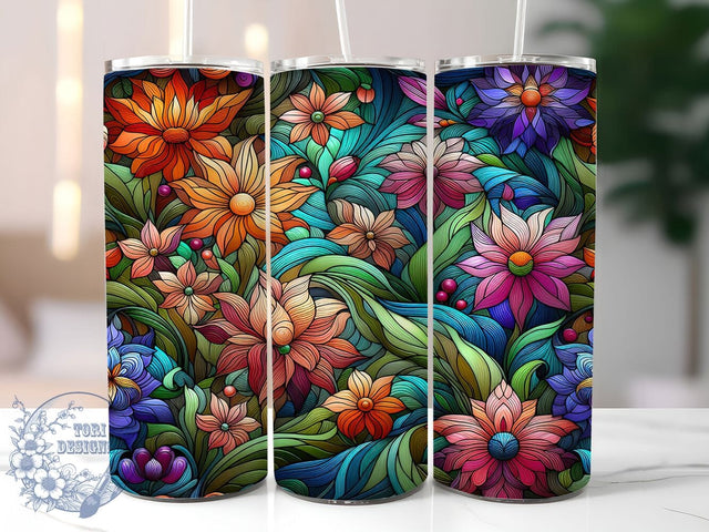 Vintage Stained Glass Floral Tumbler, Artistic Flower Tumbler, Colorful Glass Wrap, Whimsical Floral Wrap, Vintage Stained Glass Wrap, Sublimation Design, Trendy Gift Idea Sublimation ToriDesigns 