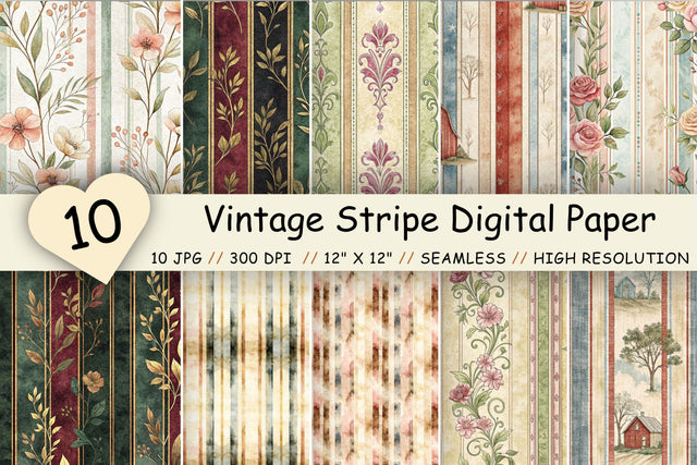Vintage Stripe Digital Paper Pack, Seamless Watercolor Pattern Bundle, Printable Scrapbook Paper, Antique Distressed Design Collection Digital Pattern FloridPrintables 