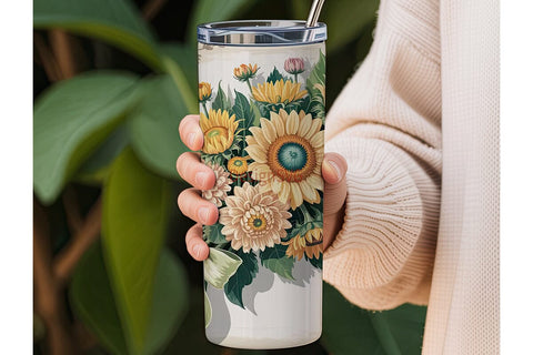 Vintage Sunflower & Dahlia 20oz Tumbler Sublimation DesignSVG 