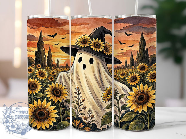 Vintage Sunflower Ghost 20oz Tumbler, Sunflower Ghost Motif, Vintage Art Design, Halloween Theme, Rustic Accent, Whimsical Charm, Sublimation Wrap, 20oz Tumbler Sublimation ToriDesigns 