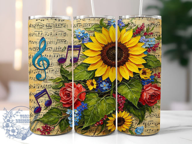 Vintage Sunflower Music 20oz Tumbler Gift, Vintage Tumbler, Sunflower Design, Music Notes Tumbler, 20oz Tumbler, Sublimation Wrap, Floral Tumbler, Unique Gift Idea Sublimation ToriDesigns 