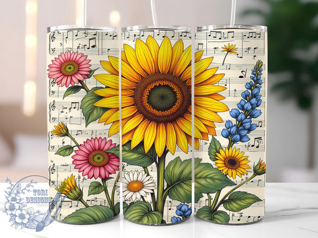 Vintage Sunflower Music 20oz Tumbler Gift, Vintage Tumbler, Sunflower Design, Music Notes Tumbler, 20oz Tumbler, Sublimation Wrap, Floral Tumbler, Unique Gift Idea Sublimation ToriDesigns 