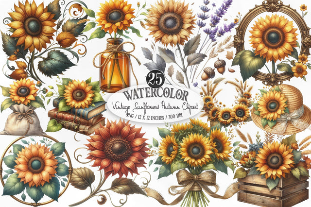 Vintage Sunflowers Autumn Clipart Sublimation SVGista 