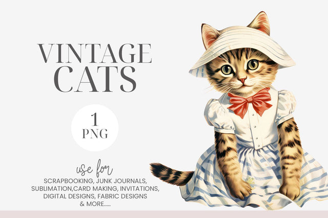 Vintage Tabby Cat in A Hat Clipart PNG Sublimation BijouBay 